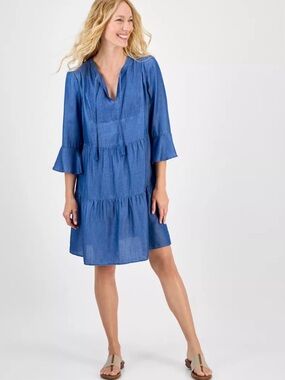 Style & Co Chambray Tiered Dress Blue Size PM